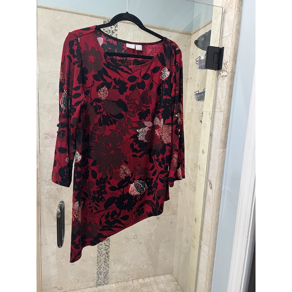 Chico's Travelers Enamel Red Black Fire Blooms Asymmetrical Top 2 L